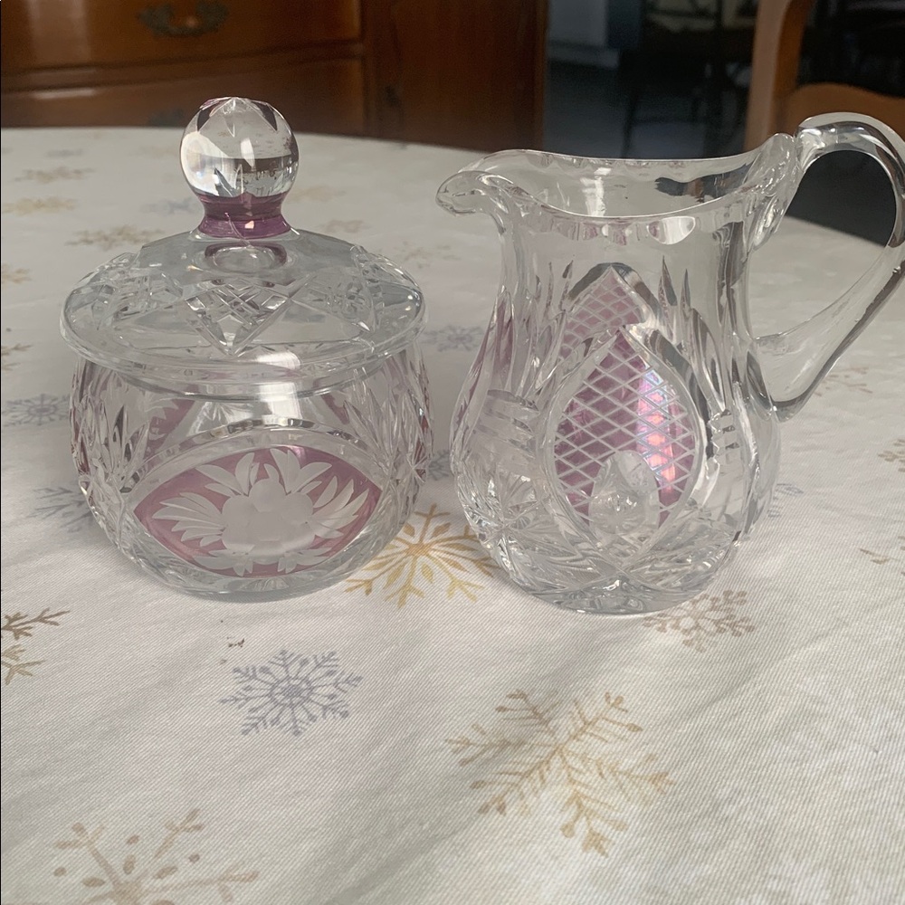 Vintage Crystal Glass Sugar and Creamer Set with Purple Accents
